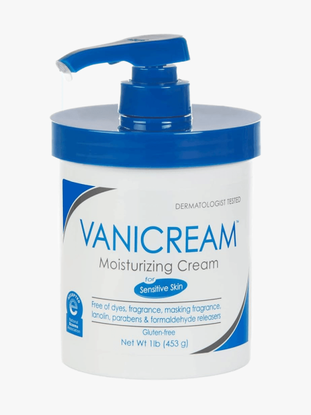 Vanicream Moisturizing Cream in blue and white branded component on a light gray background