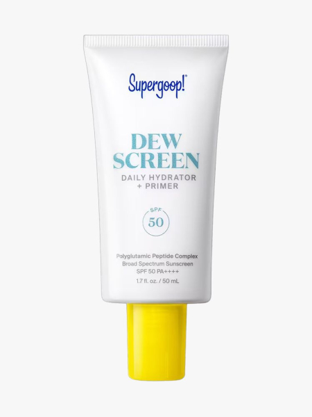 Supergoop! Dewscreen Hydrating Primer SPF 50 in branded tube component on a light gray background