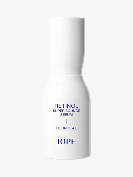 Iope Retinol Serum Super Bounce Serum in white bottle with purple text on gray background