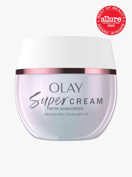 Olay Super Cream With Sunscreen SPF 30 in branded holographic jar with white lid on light gray background with red Allure Best of Beauty seal in the top right corner